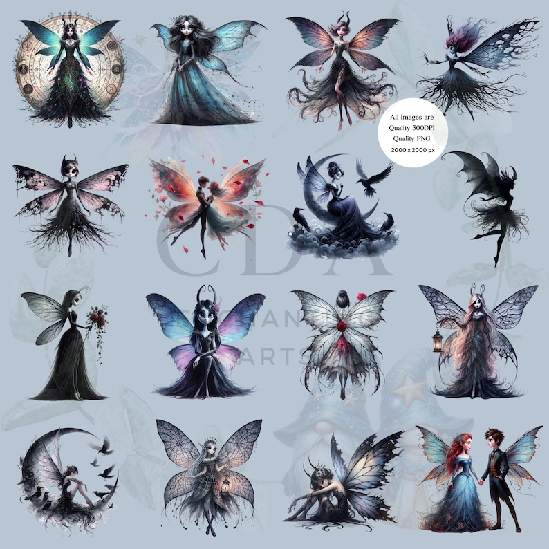 Gothic Fairy Clipart Set: Watercolor PNG for Commercial Use (digital ...