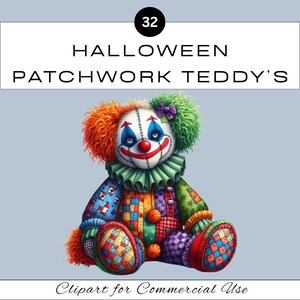 May include: A colorful patchwork teddy bear dressed as a clown. The bear has orange and red hair, a green and white ruff, and a red nose. The bear is sitting with its legs crossed and is wearing a colorful patchwork outfit.