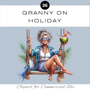 Conjunto de imágenes prediseñadas PNG de abuela divertida de vacaciones / Sublimación de abuela atrevida / Uso comercial / Scrapbooking de diario basura, aula / Redes sociales