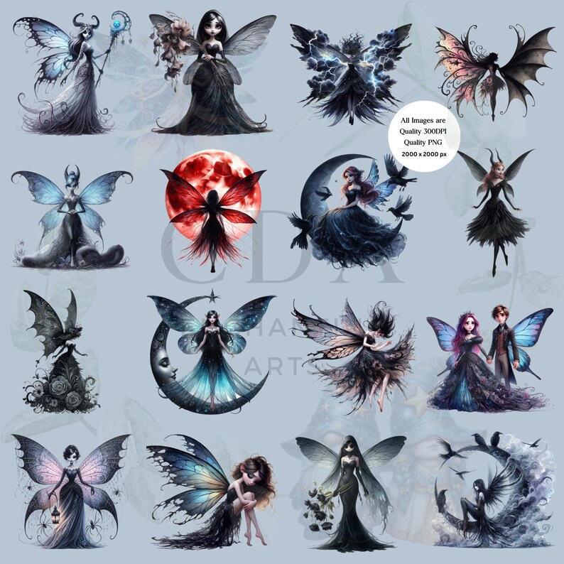 Gothic Fairy Clipart Set: Watercolor PNG for Commercial Use (digital ...
