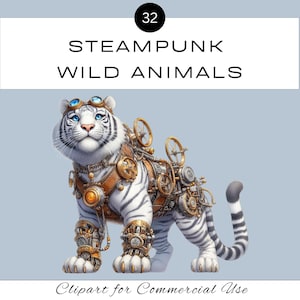 May include: A white tiger with black stripes is wearing a steampunk-style outfit with gears and cogs. The tiger is standing on a light blue background. The image is titled "Steampunk Wild Animals" with the number 32.