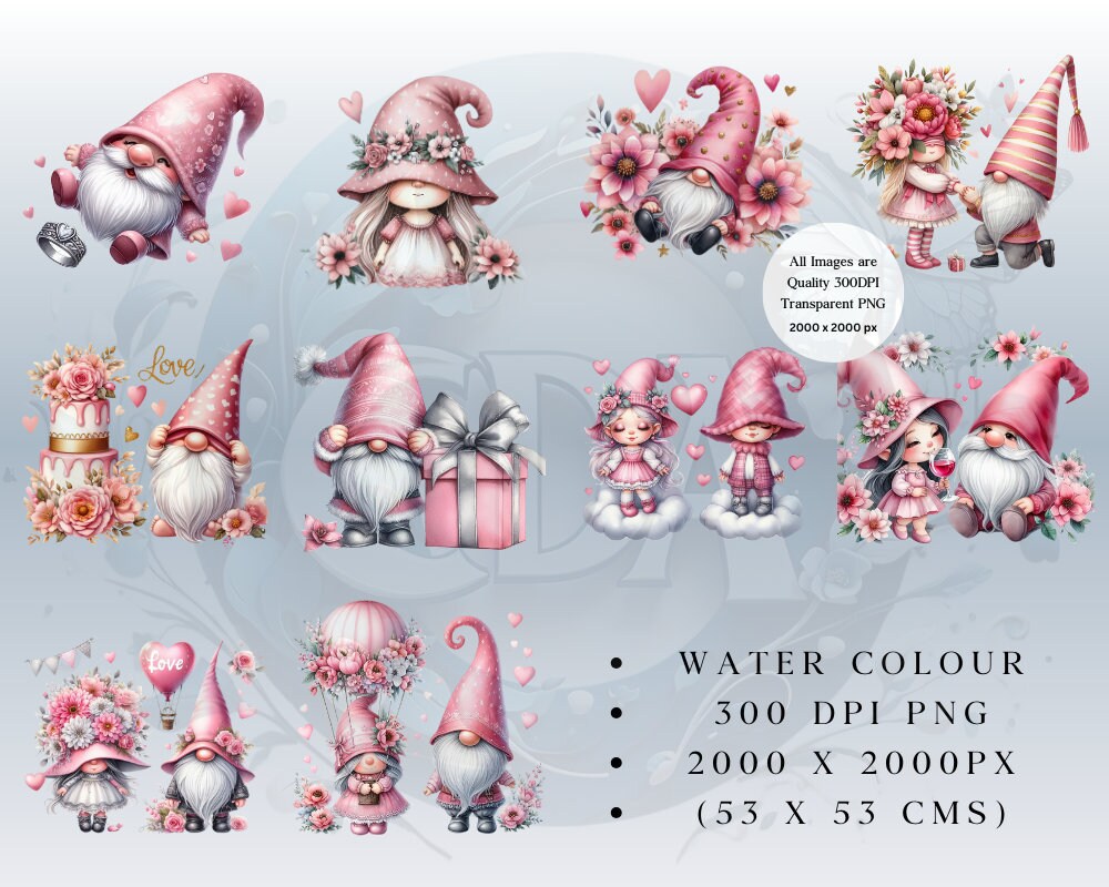 22 Pink Valentine Gnomes Clipart PNG Set 2 | Romantic Gnomes ...