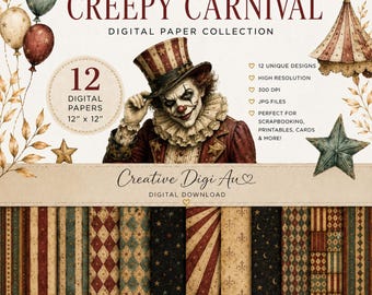 Gruselige Halloween-Zirkus-Digitalpapiere | 30,5 x 30,5 cm Scrapbook-Papier | 300 dpi JPG | Sofortiger digitaler Download | Kommerzielle Nutzung
