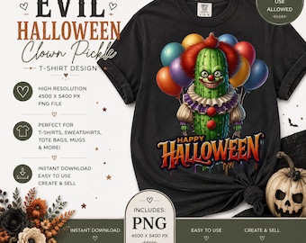 Böser Halloween-Clown mit Gurke (PNG) | Sublimationsdesign für T-Shirts | Digitaler Download | Print-on-Demand (POD) | Kommerzielle Nutzung