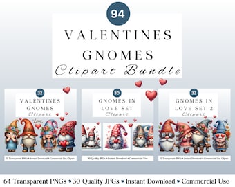 94 Valentines Gnome Clipart Bundle  | PNG and JPG | Gnomes in Love | Watercolour Gnomes | DIY and Creators | Commercial Use