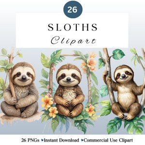Cute Sloth PNG Clipart Bundle | 26 Transparent PNG Files | Commercial Use | Junk Journal Classroom Scrapbooking