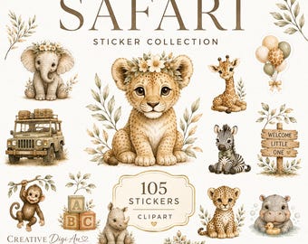 Safari-Tier-Sticker-Set | Druckbare PDF- und PNG-Stickerbögen | 300 dpi | Sofortiger digitaler Download | Kommerzielle Nutzung