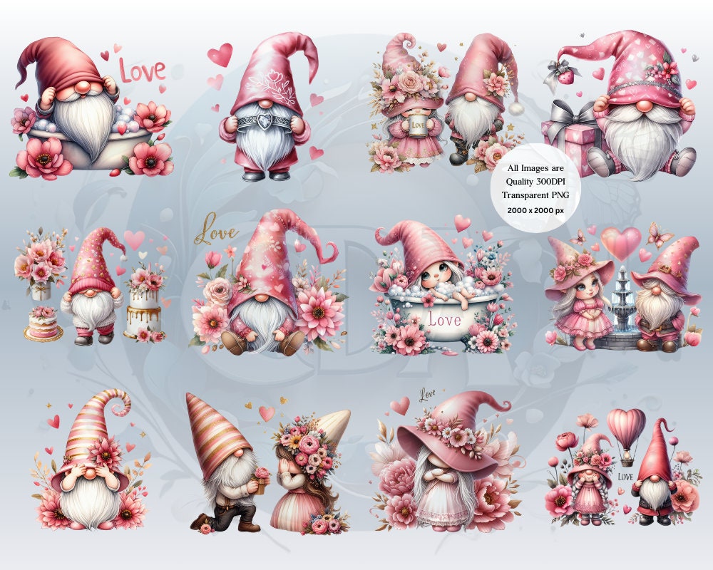 22 Pink Valentines Gnomes Clipart PNG | Gnome Romance | Watercolour ...