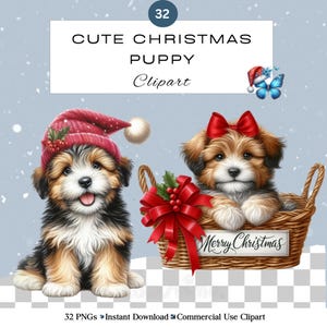 Chiot de Noël PNG Clipart Bundle | Chiots festifs mignons | Chien drôle | Journal indésirable de scrapbooking | Utilisation commerciale