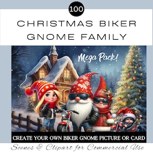 Pacchetto di clipart fai da te per la famiglia di gnomi motociclisti di Natale / PNG acquerello festivo / Schede di diario di ritagli / Sfondi / Uso commerciale