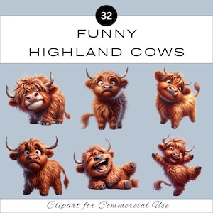 Funny Highland Cow Clipart PNG Bundle | Junk Journal Scrapbooking | Classroom | Print On Demand DIY | Commercial Use