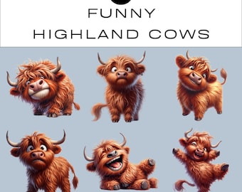 Funny Highland Cow Clipart PNG Bundle | Junk Journal Scrapbooking | Classroom | Print On Demand DIY | Commercial Use