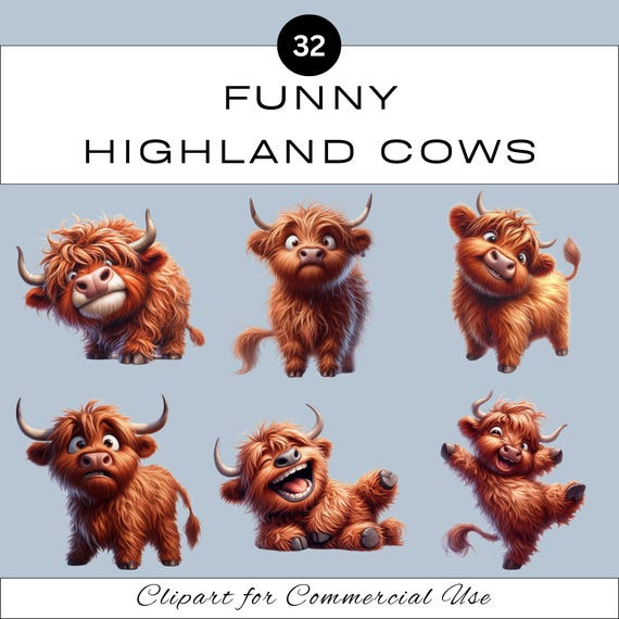 Funny Highland Cow Clipart PNG Bundle | Junk Journal Scrapbooking | Classroom | Print On Demand DIY | Commercial Use