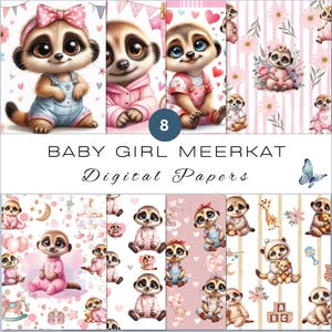 Meerkat Digital Paper Seamless Pattern | Watercolor Baby Girl Pink Meerkat  | Printable Paper Set | Scrapbooking Paper | Crafts | Diy