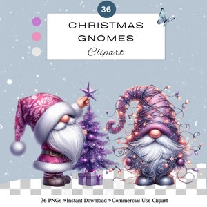 Niedliches Weihnachts Wichtel Clipart PNG Set | Urlaub Aquarell Festliche Zwerge Dekorationen | Krippe Wichtel Clipart | Lila Pink Silber