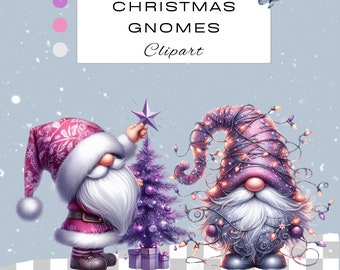 Carino set di clipart PNG di gnomi natalizi / Decorazioni natalizie con gnomi ad acquerello / Clipart di gnomi della natività / Viola, rosa, argento