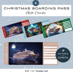 Certificado de regalo de pases de abordar para cruceros navideños / Tarjeta imprimible de 8,35" × 3,5" / Editar e imprimir / Plantilla de Canva