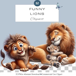 Leão Engraçado PNG | Pacote de Clipart de Filhote de Leão Fofo | Animais de Safári para Bebês para Uso em Scrapbooking de Berçário | Sublimação | Uso Comercial