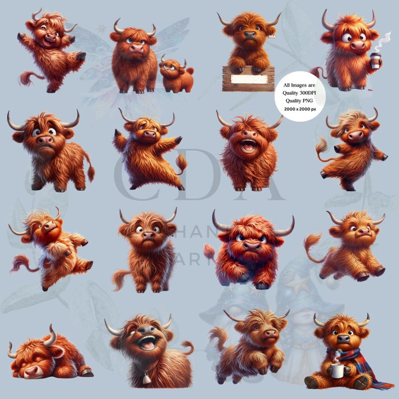 Funny Highland Cow Clipart PNG Bundle | Cute Highland Cows | Junk Journal Scrapbooking | Quirky Animals | Commercial Use