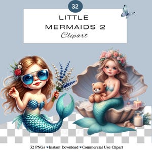 2 Clipart PNG de petites sirènes | Conte de fées | Journal indésirable de scrapbooking | Maternelle | carte d'invitation d'anniversaire | Utilisation commerciale
