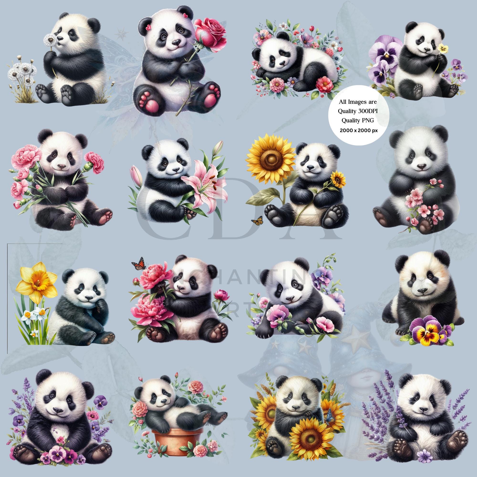 Cute Panda Bears With Flowers PNG Clipart Bundle | Floral Bear ...