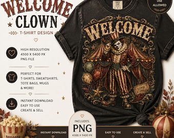 Willkommen! Gruseliger Karnevalsclown (PNG-Clipart) | Vintage-Spukclown | 300 dpi, digitaler Download | Kommerzielle Nutzung