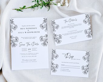 Minimal Wedding invitation template, digital download wedding invitation, customisable wedding invitation set, wedding invite bundle