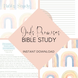 May include: A pink and white printable Bible study guide with the title "God's Promises Bible Study" and the text "Promise love and acceptance" with scripture references. The background features a repeating pattern of watercolor rainbows.