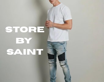 Distressed skinny jeans with zipper details, ribbed biker denim