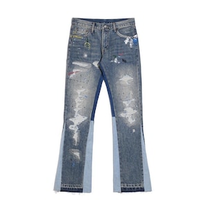blue flare baggy jeans men oversize wholesale streetwear high quality ripped painted stacked loose fit pants denim trousers