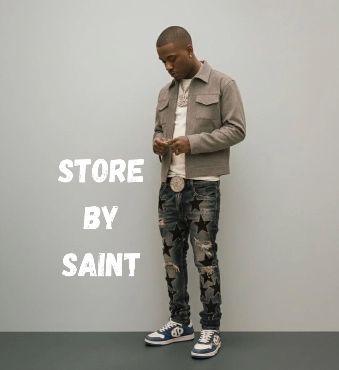 Luxury Ripped Blue Denim With Black Star Patches// Streetwear Star ...
