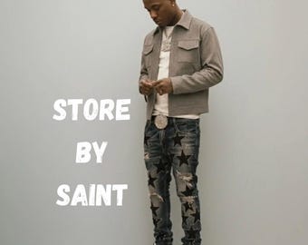 Luxury Ripped Blue Denim with Black Star Patches// Streetwear Star Denim – Edgy Skinny Fit Jeans