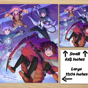 May include: An anime-style illustration of several characters in action poses, with weapons and determined expressions. The artwork uses a purple and blue colour scheme. Available in two sizes: 15x20 cm and 28x36 cm.