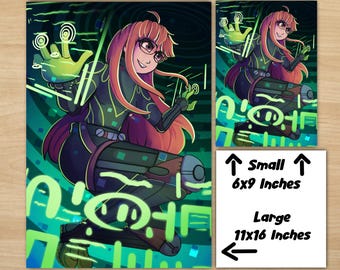 May include: Two art prints featuring a digital illustration of a character with red hair and glasses, set against a neon green and black background. The prints are labeled "Small 6x9 Inches" and "Large 11x16 Inches."