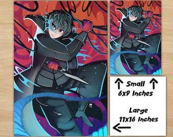 May include: Illustration of a character in a black coat, holding a knife, with a mask. The background features red and blue abstract shapes. The image is available in two sizes: 6x9 inches and 11x16 inches.