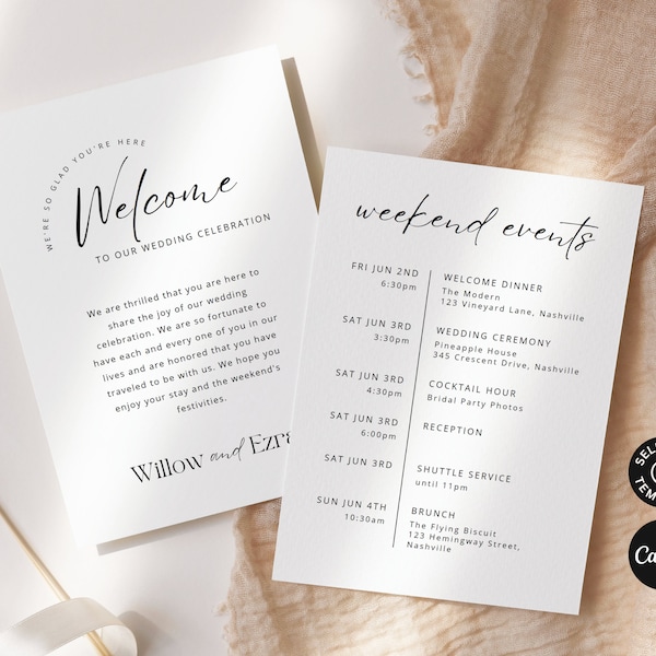 Plantilla de itinerario de fin de semana de boda, carta de bienvenida moderna editable y plantilla de línea de tiempo, orden minimalista de eventos, Canva DIY