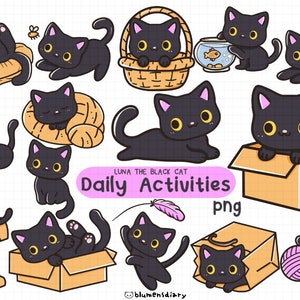 Puede incluir: Un conjunto de 12 ilustraciones de gatos negros que representan diversas actividades, como dormir, jugar con un juguete de plumas y explorar una caja. Las ilustraciones son de estilo de dibujos animados y presentan colores brillantes. El texto "Luna the Black Cat Daily Activities" est&aacute; incluido en la imagen.