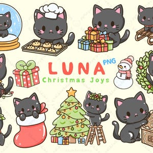 Conjunto de imágenes prediseñadas de alegrías navideñas de gato negro kawaii: 20 ilustraciones PNG de alta calidad dibujadas a mano Lindo gato negro Navidad, lindas pegatinas, elementos