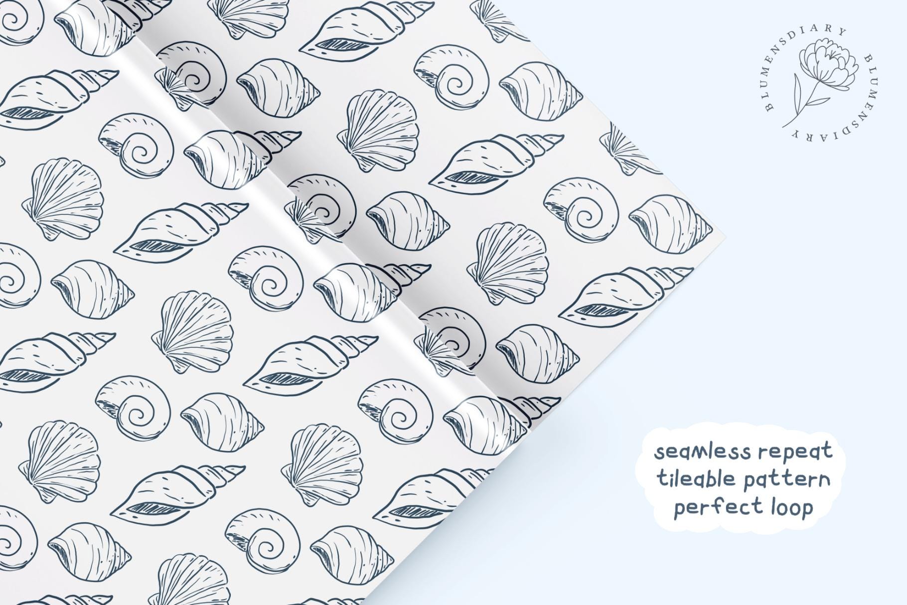 Seashell Seamless Pattern Coastal Line Art: Nautical Shell (digital ...