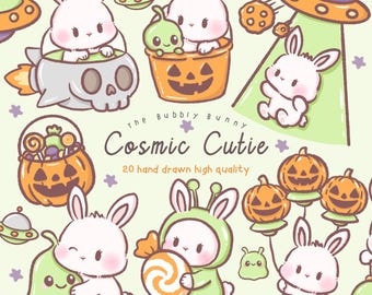 Imágenes prediseñadas PNG de conejito alienígena de Halloween estilo Kawaii: pegatinas chibi espeluznantes (descarga digital)