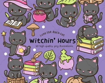 Kawaii Luna Witch Clipart: Black Cat Halloween PNG Set (Digital Download
