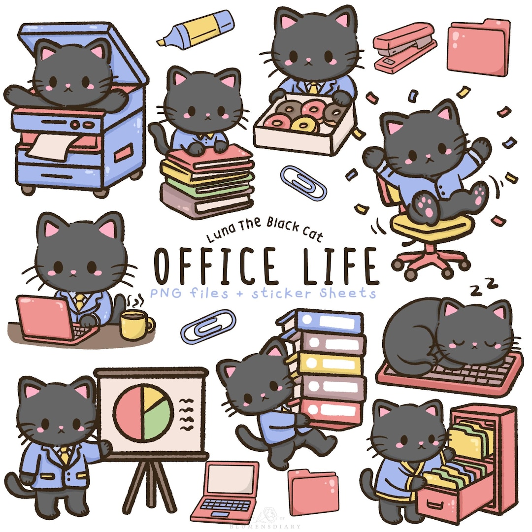 Kawaii Black Cat Clipart: Office Life Stickers (PNG, A5 A6) - Etsy