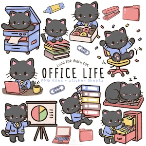 Può includere: Illustrazione colorata di gatti neri dei cartoni animati in un ambiente d'ufficio. I gatti sono raffigurati con forniture per ufficio e attività. Il testo "OFFICE LIFE" è incluso, ideale per file PNG e fogli di adesivi.