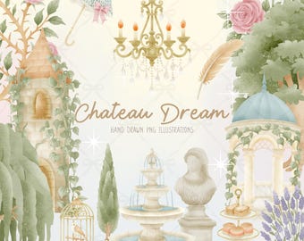 French Château Clipart: Cottagecore PNG Illustrations (300 DPI)