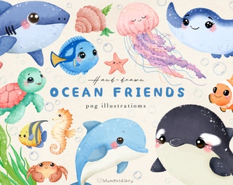 Ocean Friends Clipart: 31 Aquatic Life PNG Illustrations (Digital Download)