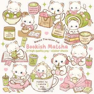 Kawaii Matcha Cat Clipart, Bookish Reader PNG, Cozy Sticker Sheet (Digital Download)