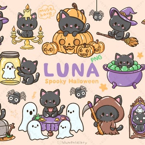 Luna the Black Cat Spooky Halloween Clipart - 20 High-Quality PNGs illustration hand drawn Witch, Ghost, Pumpkin -transparent background