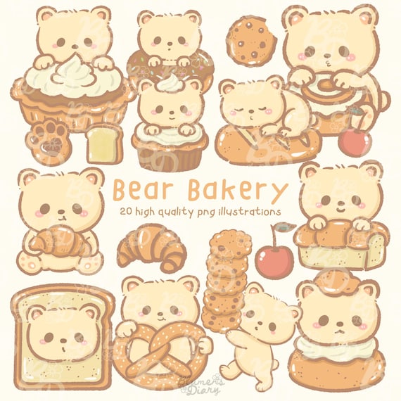 Honee the Bear Bakery Clipart: Kawaii Dessert PNG Illustrations (Digital Download