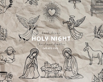 Nativity Scene Clipart: Holy Night Line Art Doodles (PNG, SVG, EPS)