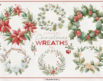 Clipart kerstkransen aquarel: feestelijk groen png's (digitale download)